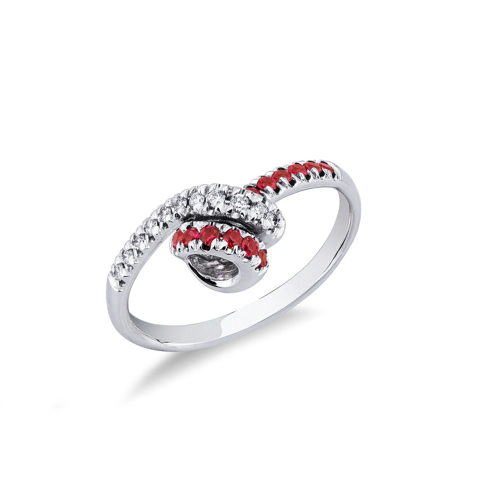 Anello in Oro bianco 18k con nodo in Diamanti e Rubini.