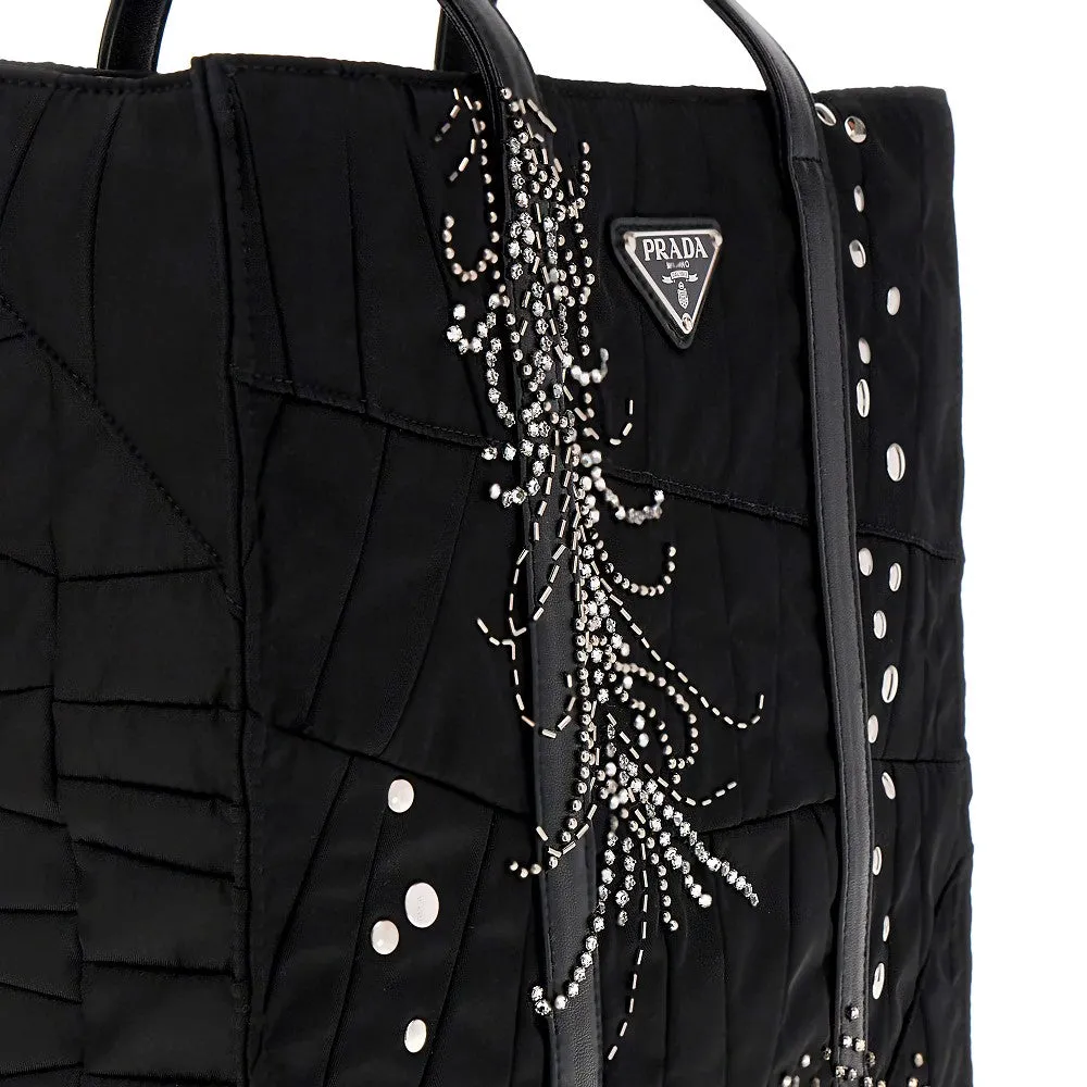 Borsa shopping media in Re-Nylon con ricamo
