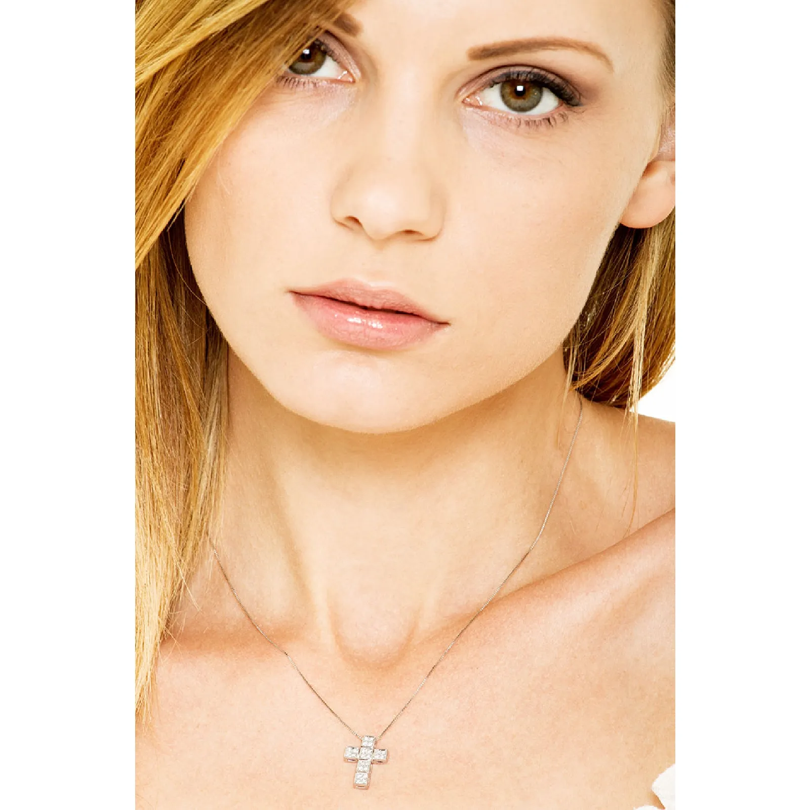 Collana in oro bianco 18k con pendente a croce in diamanti, ct. 0,20