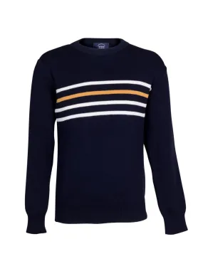 Maglione Bretone girocollo blu con righe panna e senape – Donna