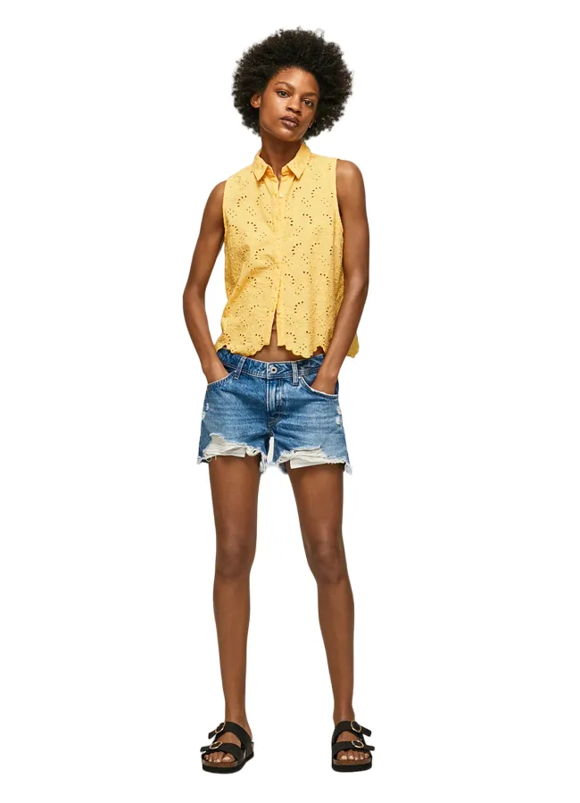 PepeJeans Camicia da donna smanicata traforata Eris PL304553 039 shine