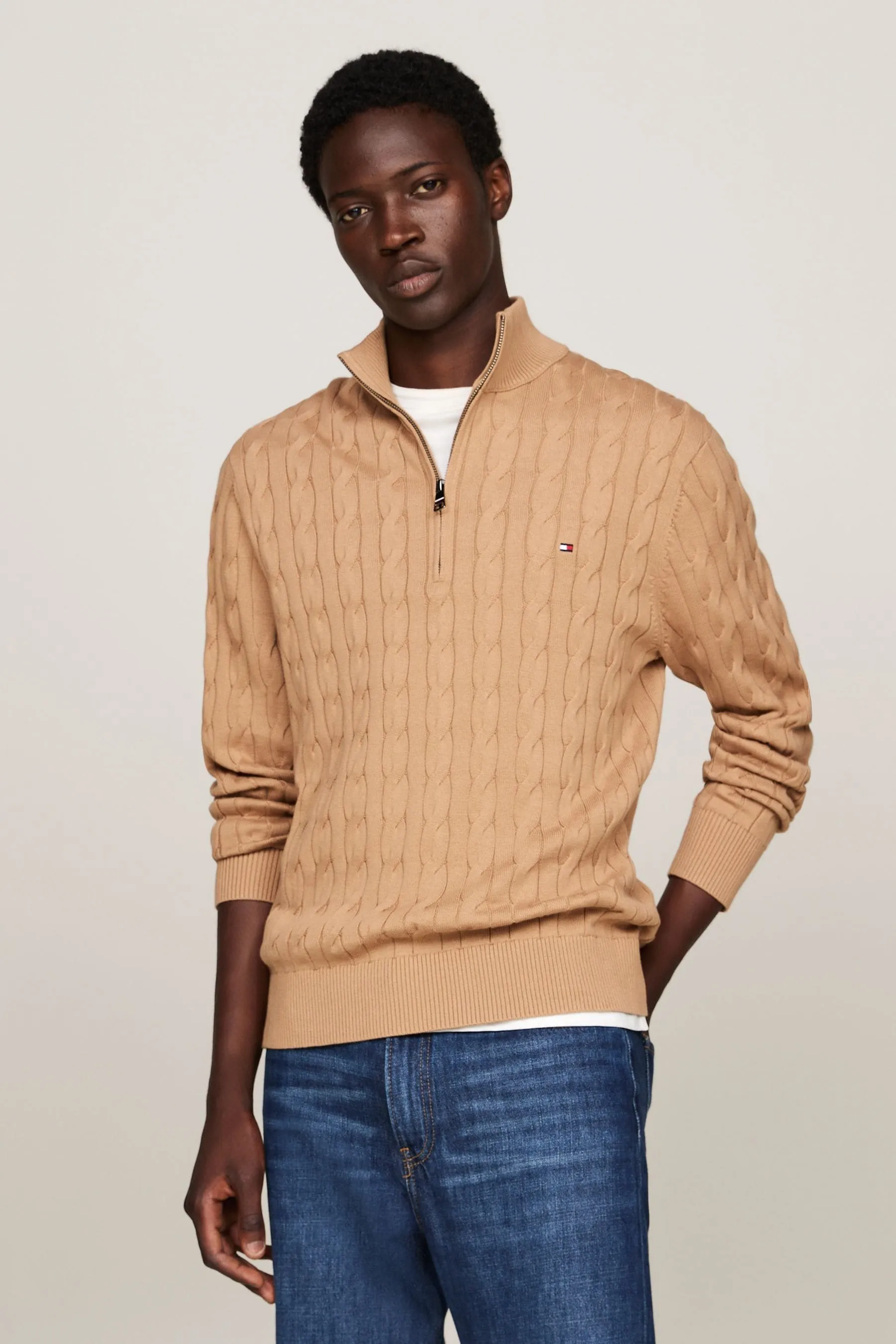 Tommy Hilfiger Maglione classico in cotone con zip a trecce    